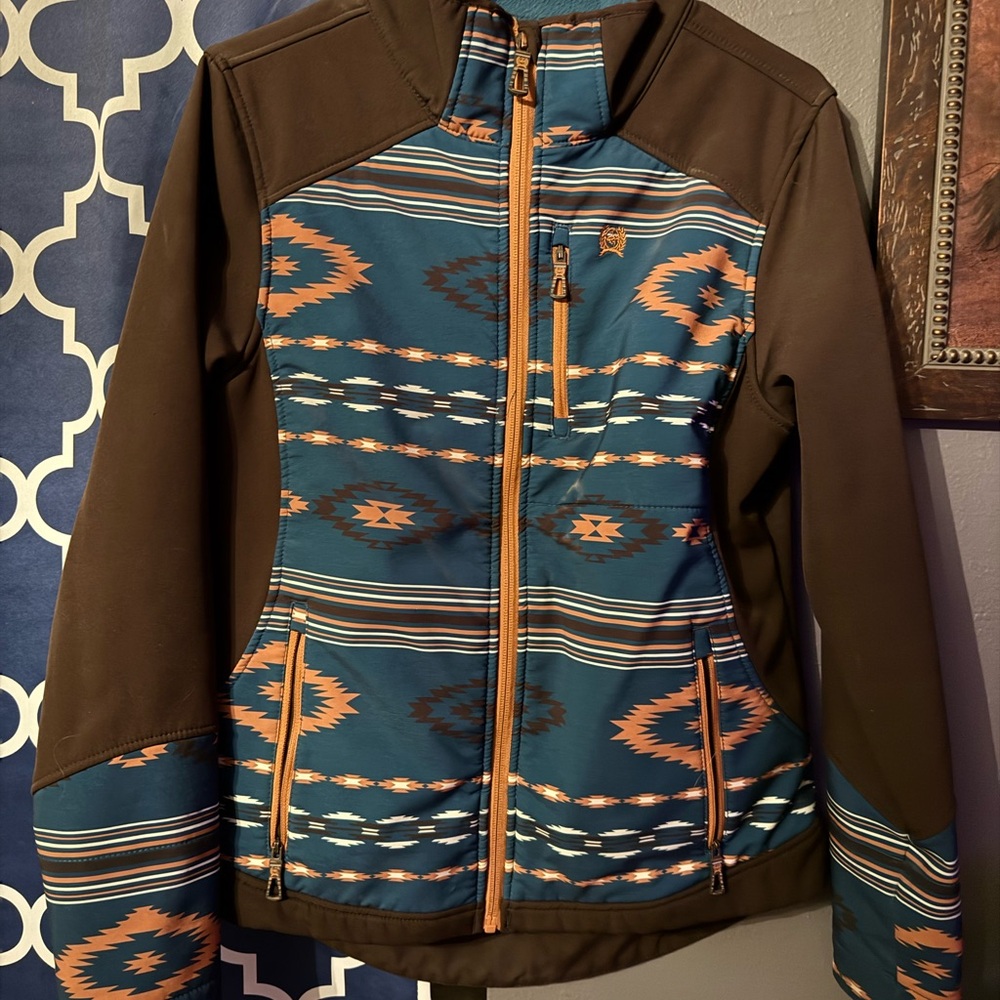 Brown and Teal Patterned Cinch Jacket